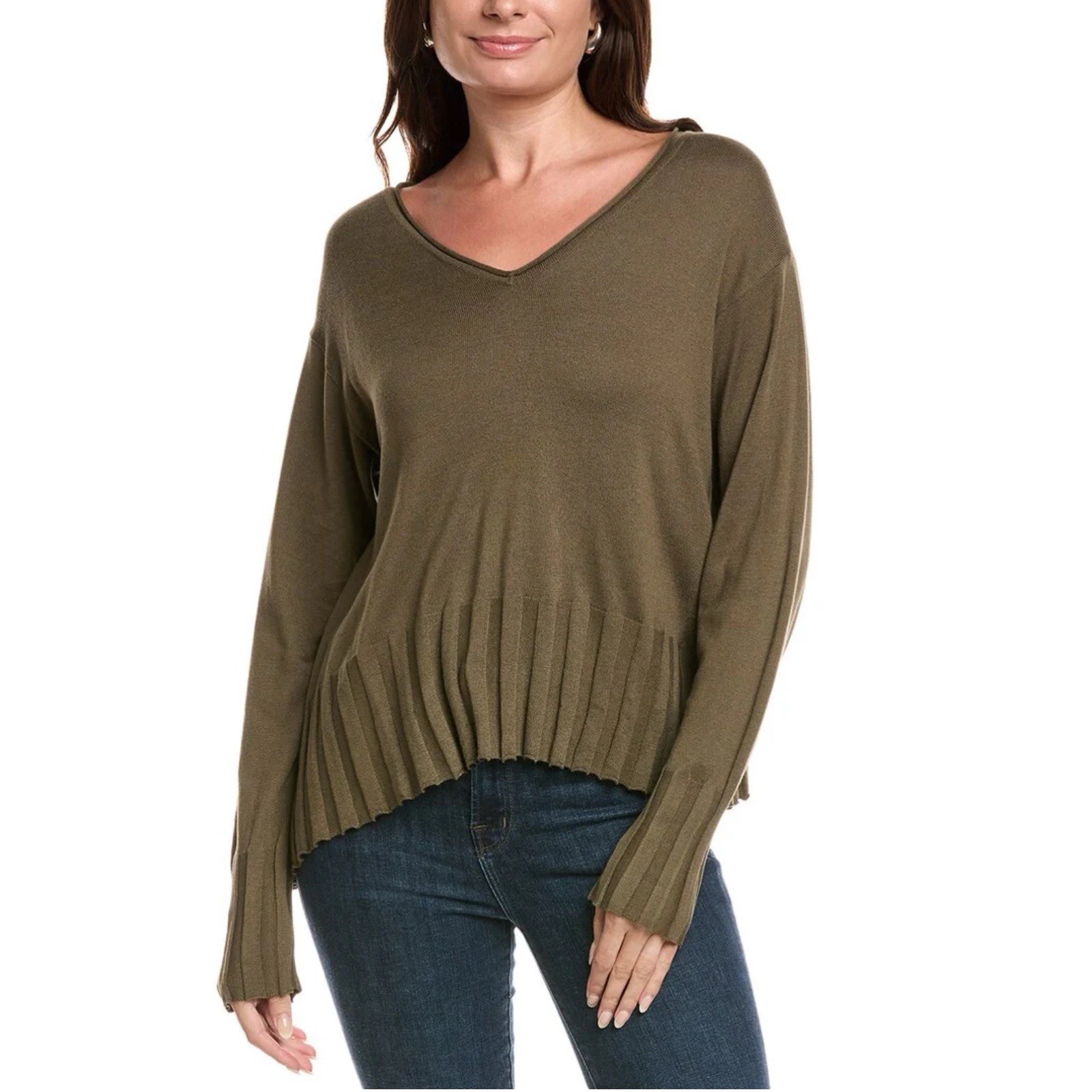 Planet By Lauren G. V Neck Rib Sweater Green Os Asymmetrical Knit Relaxed Fit